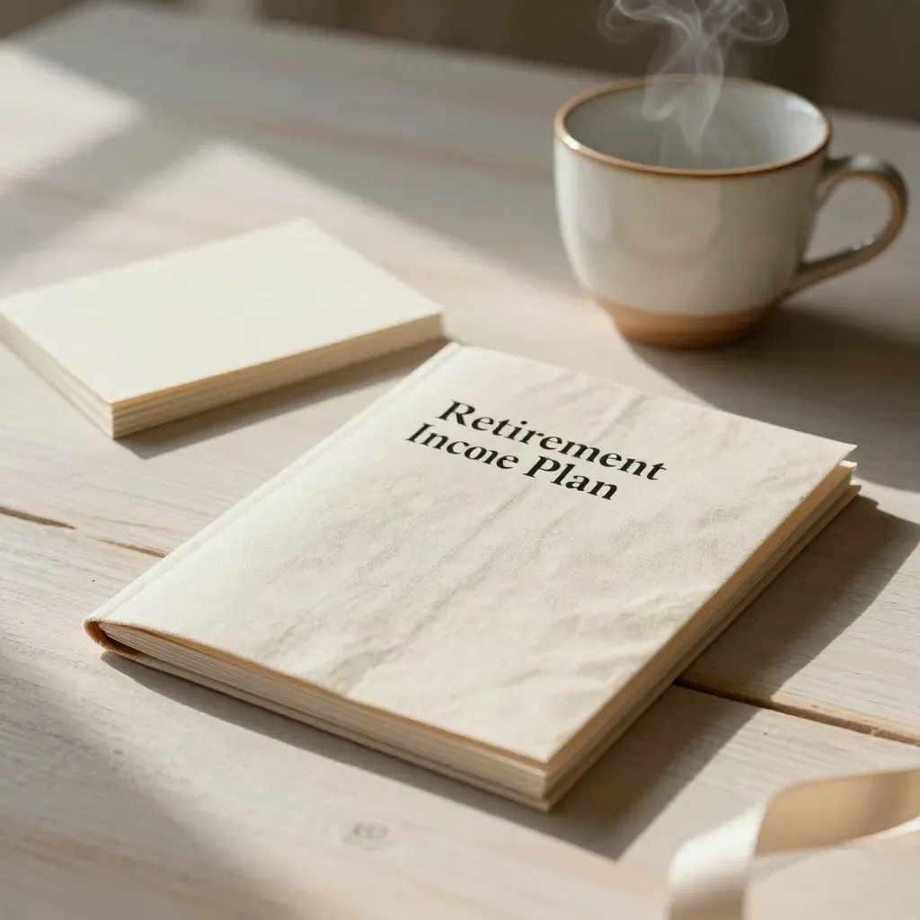 Linen retirement packet, steam cup, and blank cards on pale wood in soft morning light.