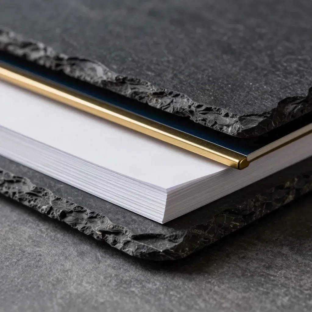 Macro of stone, paper and brass with a navy accent in dramatic raking light.