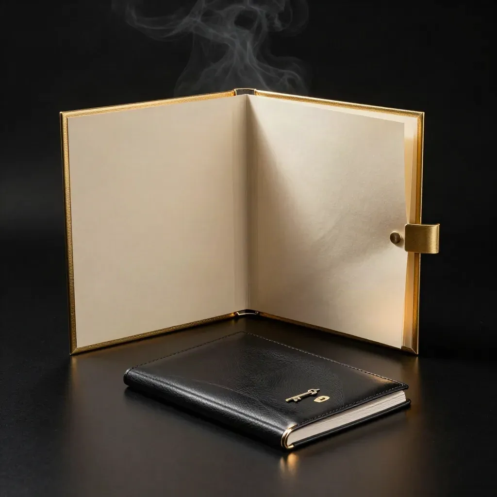 Opened premium folio with gold-edged slipcase and two finance objects on a dark studio surface.