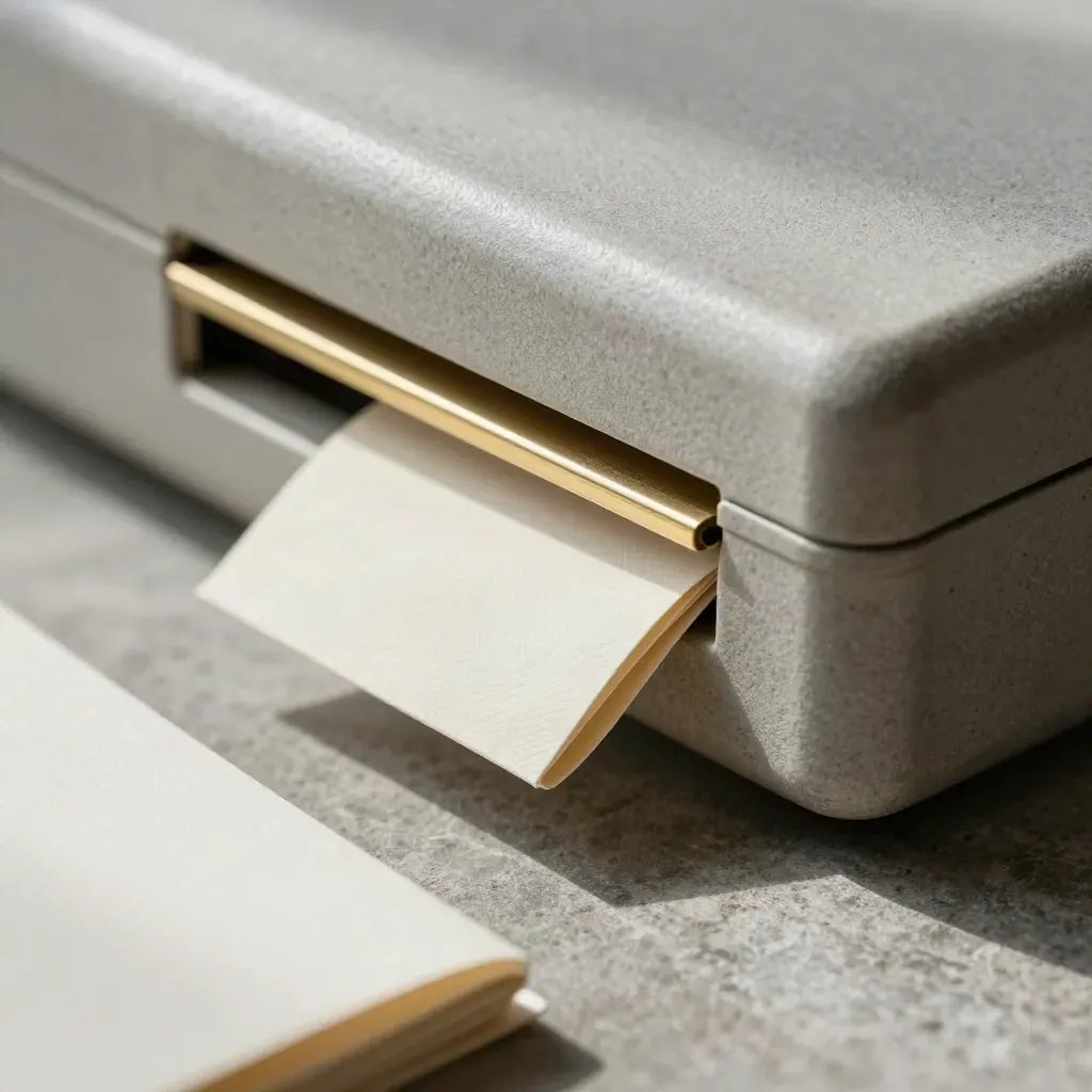 Pale stone-grey ISA case with brass divider and folded cream sleeve in extreme macro.