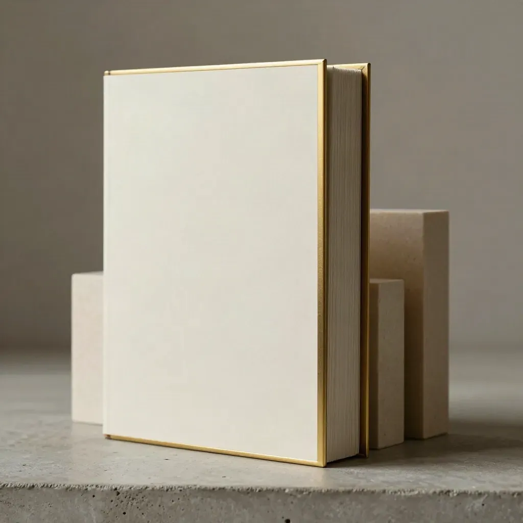 Standing folio report kit with brass edge and pale blocks on concrete, lit like a premium finance product hero