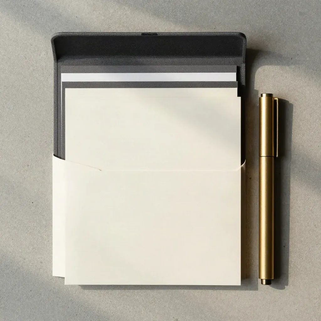 Overhead flatlay of an open retirement drawdown kit with cards, sleeve and brass marker